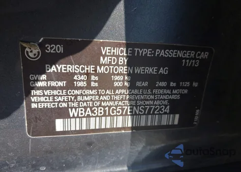 2014 BMW 320I z USA, uszkodzony, nr VIN WBA3B1G57ENS77234